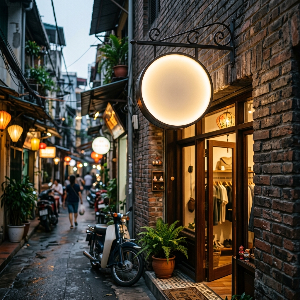 Biển hiệu vẫy nhỏ illuminated dạng tròn gắn trên tường cửa hàng tại phố hẹp Hà Nội