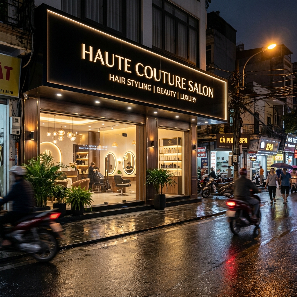 Mẫu biển hiệu salon tóc ban đêm phát sáng nổi bật tại Hà Nội
