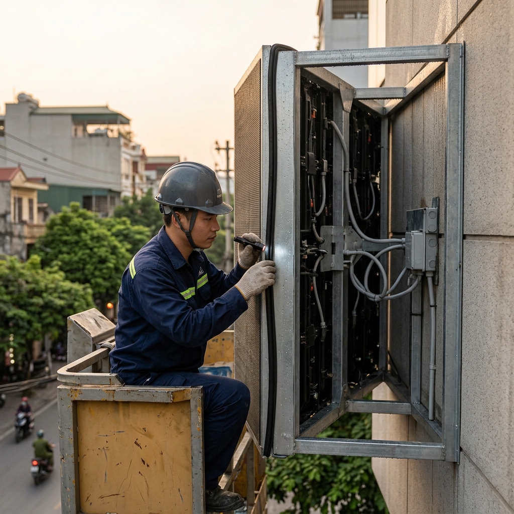 Kinh Nghiệm Nghiệm Thu Biển LED Điện Tử Chất Lượng Tại Hà Nội 2 1. Kiểm Tra Kết Cấu Khung Bệ Và Khả Năng Chống Nước Outside - Biển Led Điện Tử - Biển Quảng Cáo Hà Nội