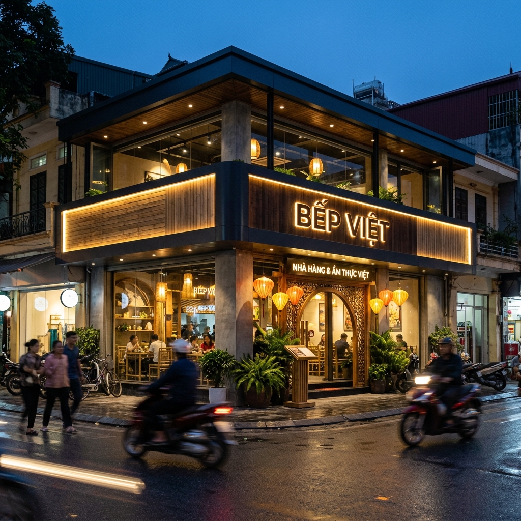 Mẫu biển hiệu ẩm thực ấn tượng ban đêm cho nhà hàng quán ăn tại Hà Nội