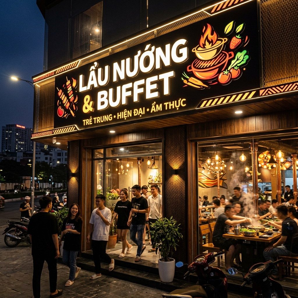 Phong cách hiện đại và trẻ trung cho quán lẩu nướng, buffet - Mẫu Biển Hiệu Ẩm Thực - Biển Quảng Cáo Hà Nội