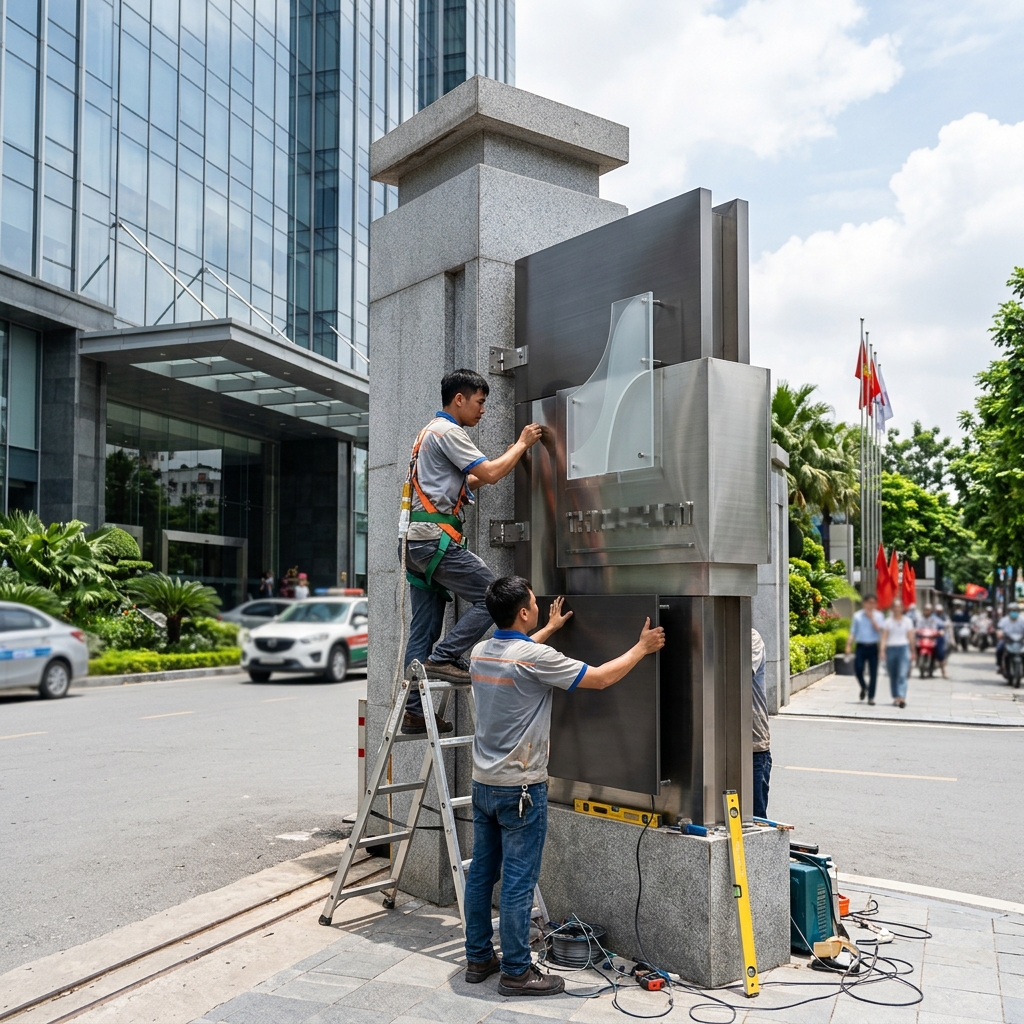 Mẫu Biển Hiệu Công Ty Theo Vị Trí Lắp Đặt Đẹp Tại Hà Nội 2 1. Mẫu biển hiệu công ty khu vực mặt tiền và cổng chính - Mẫu Biển Hiệu Công Ty - Biển Quảng Cáo Hà Nội
