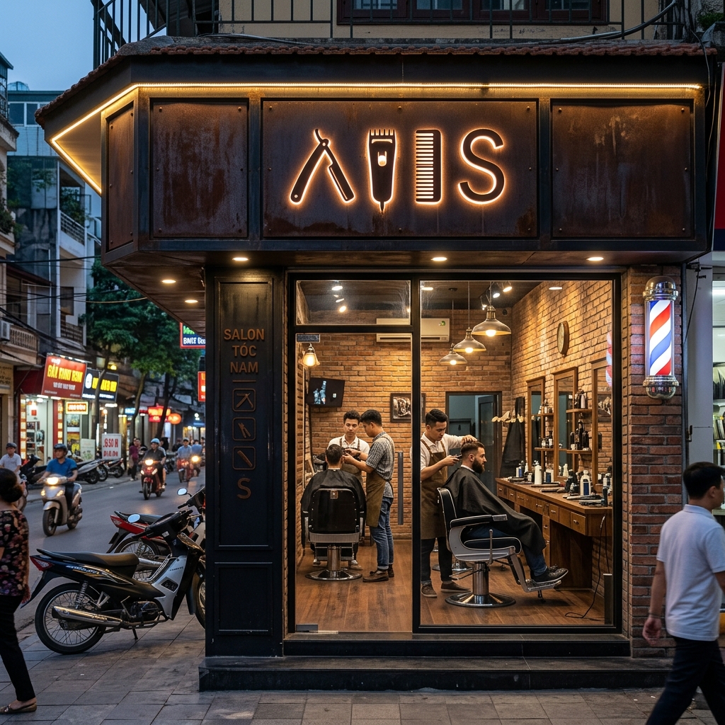 Salon Tóc Nam (Barber Shop) Phong Cách Classic / Industrial - Mẫu Biển Hiệu Salon Tóc - Biển Quảng Cáo Hà Nội