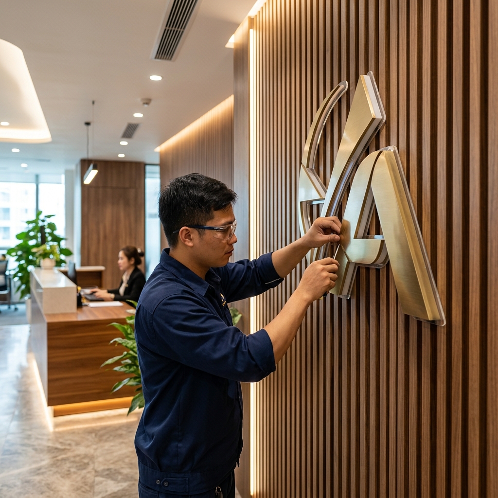 1. Biển Logo Quầy Lễ Tân (Backdrop Văn Phòng) - Thi Công Biển Quảng Cáo - Biển Quảng Cáo Hà Nội