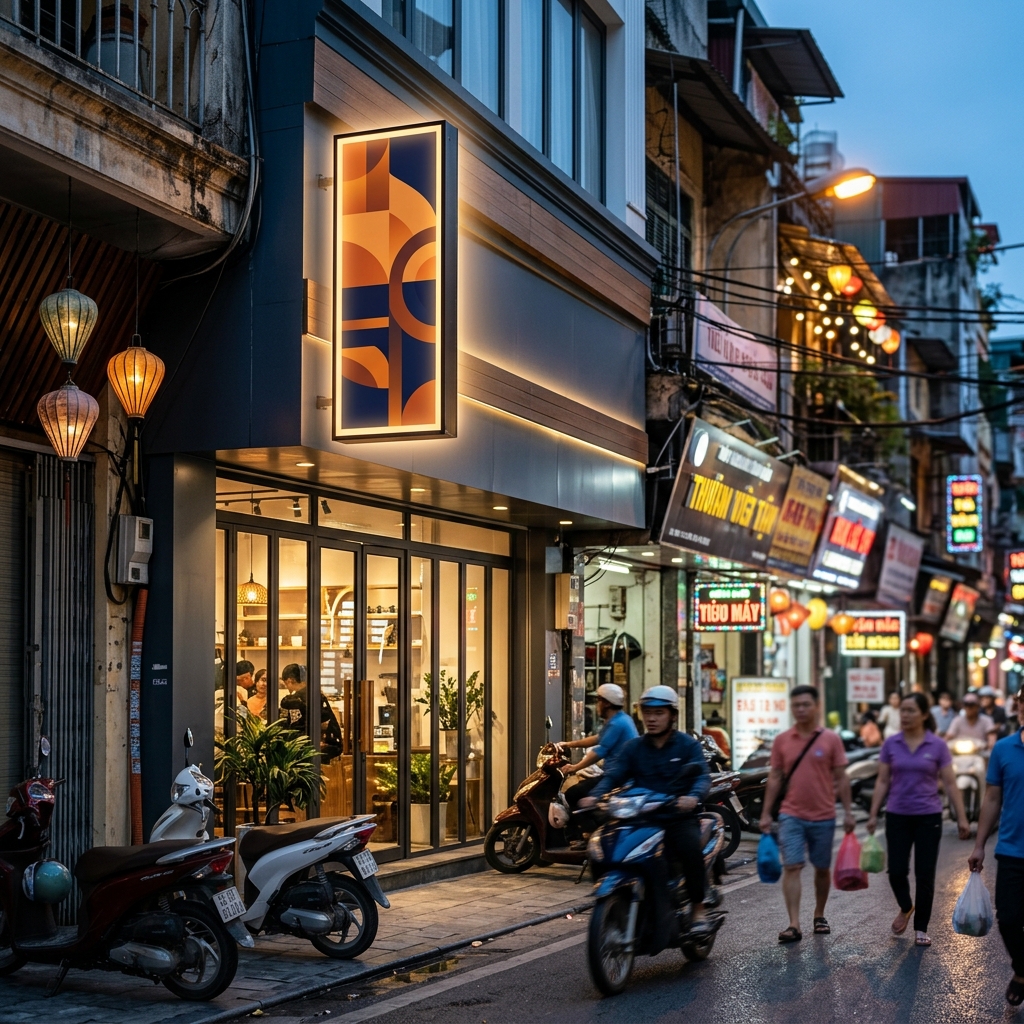 Thiết kế biển bạt hộp đèn nổi bật trên mặt tiền cửa hàng hẹp tại Hà Nội