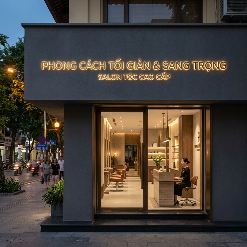 1.1. Phong cách Tối giản và Sang trọng (Minimalism & Luxury) - Mẫu Biển Hiệu Salon Tóc - Biển Quảng Cáo Hà Nội