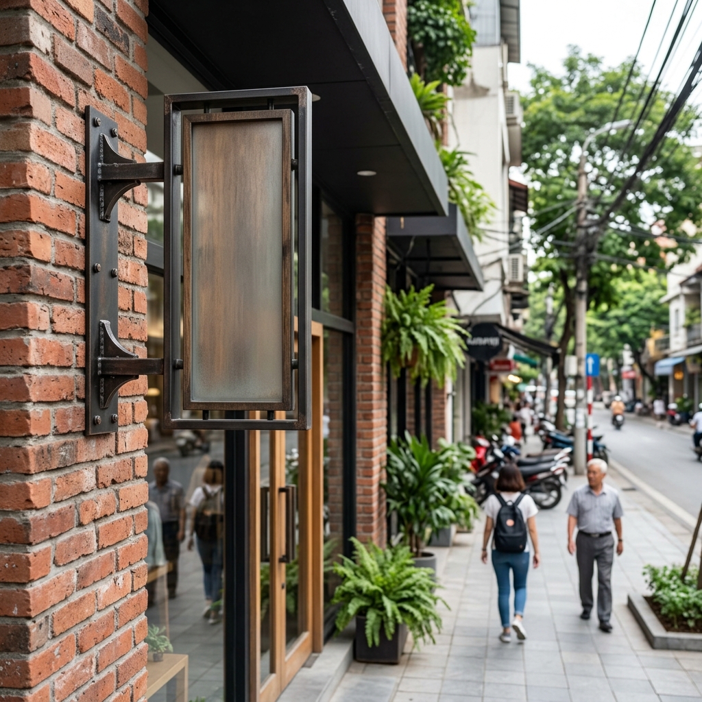 Hình ảnh vị trí treo biển vẫy quảng cáo góc vuông góc với mặt tiền cửa hàng tại Hà Nội