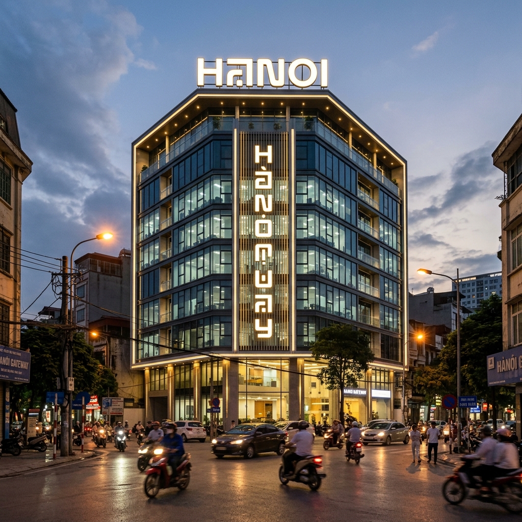 Biển chữ nổi tòa nhà được chiếu sáng nổi bật vào buổi tối tại Hà Nội