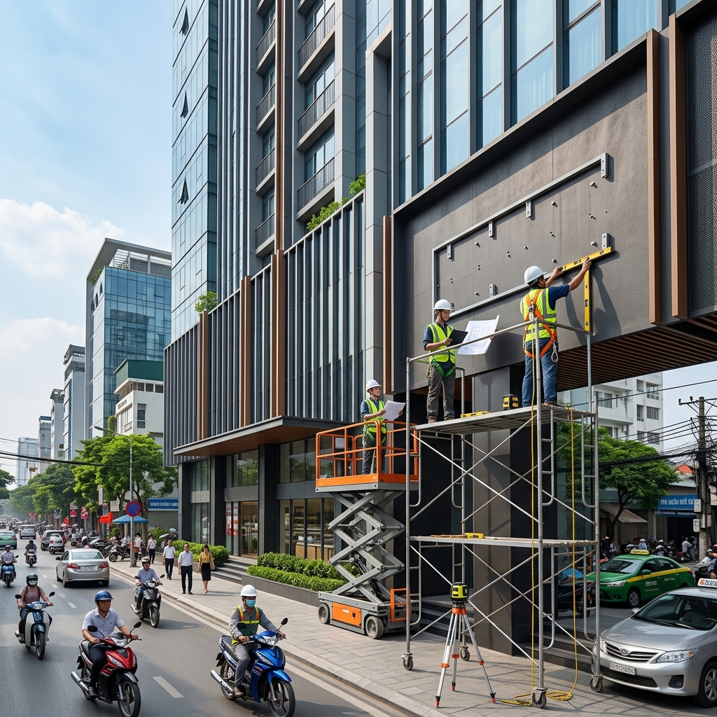 Khảo sát lắp đặt biển chữ nổi trên mặt dựng tòa nhà tại Hà Nội